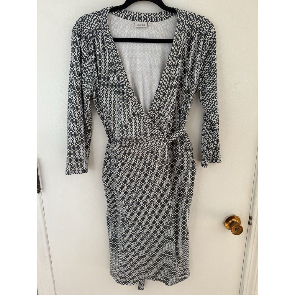 ELLIE KAI Women’s 2 Wrap Dress Black/Blue White V-Neck 3/4 Sleeve Knee Length